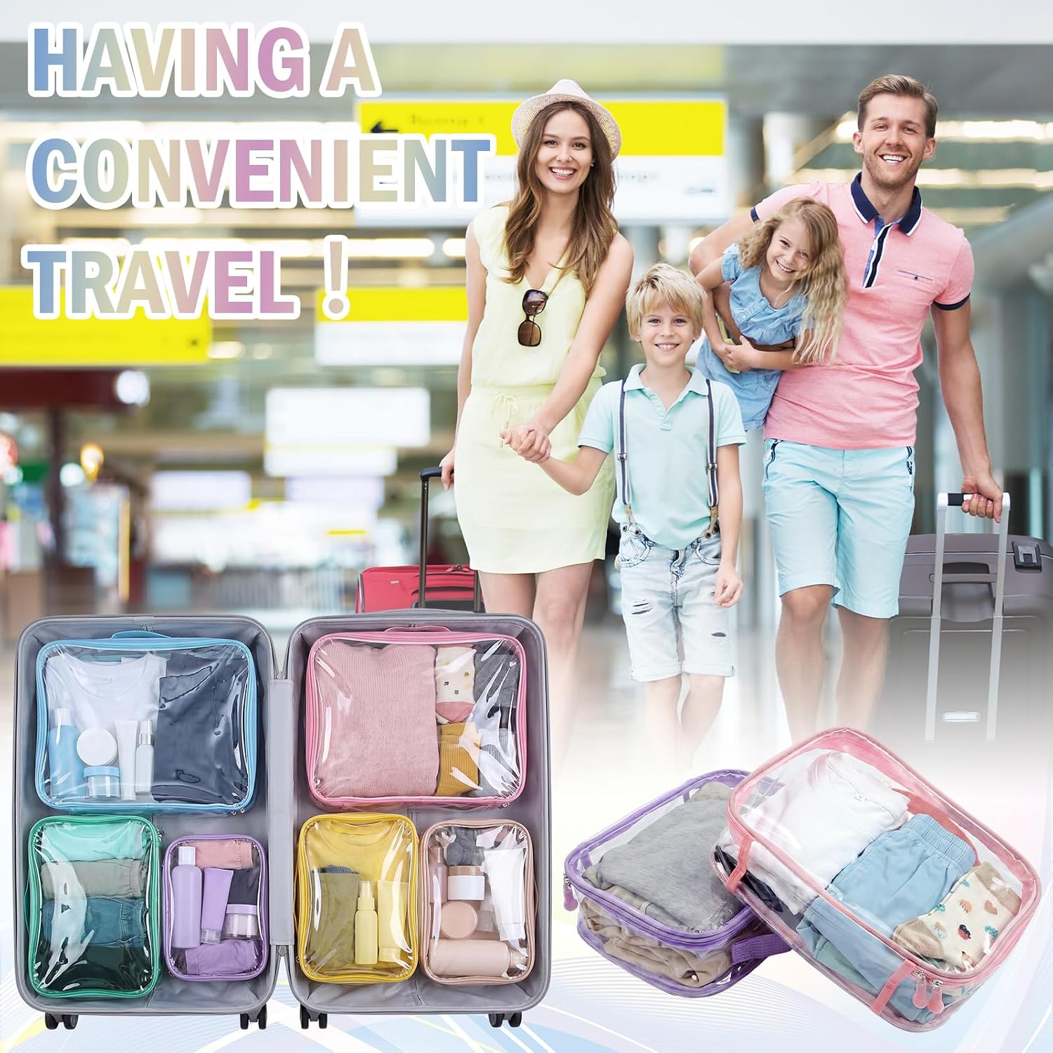 6 Pcs Clear Packing Cubes for Travel Luggage Organizer Bag See Through PVC with Handle for Suitcase Summer Camp Travel Luggage Storage Organizer Multipurpose Pouch Toiletry Bag (Macron Color)