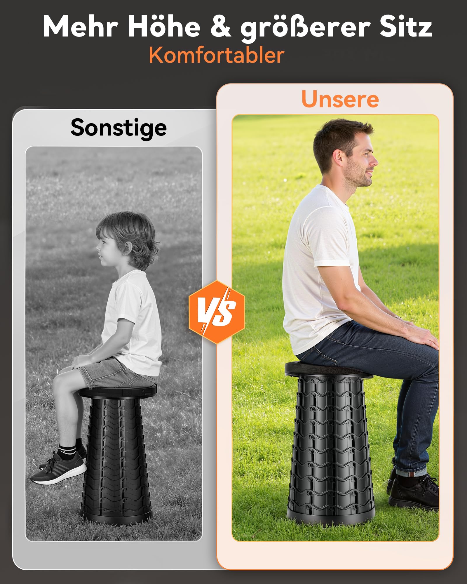 imodomio Tabouret télescopique pliable amélioré, assise élargie et surélevée, capacité de charge de 500 kg, hauteur réglable, tabouret de camping pliable pour camping, voyage, randonnée, tabouret pour