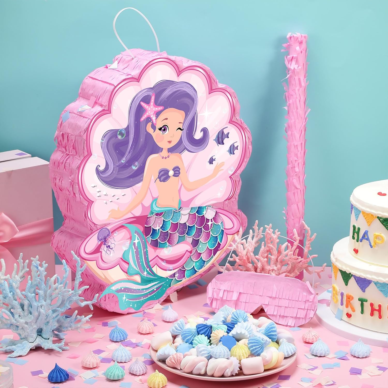 Seashell Piñata for Mermaid Birthday Party Girl, Sea Theme Piñata with Stick, Blindfold and Confetti for Mermaid Birthday Decorations Supplies