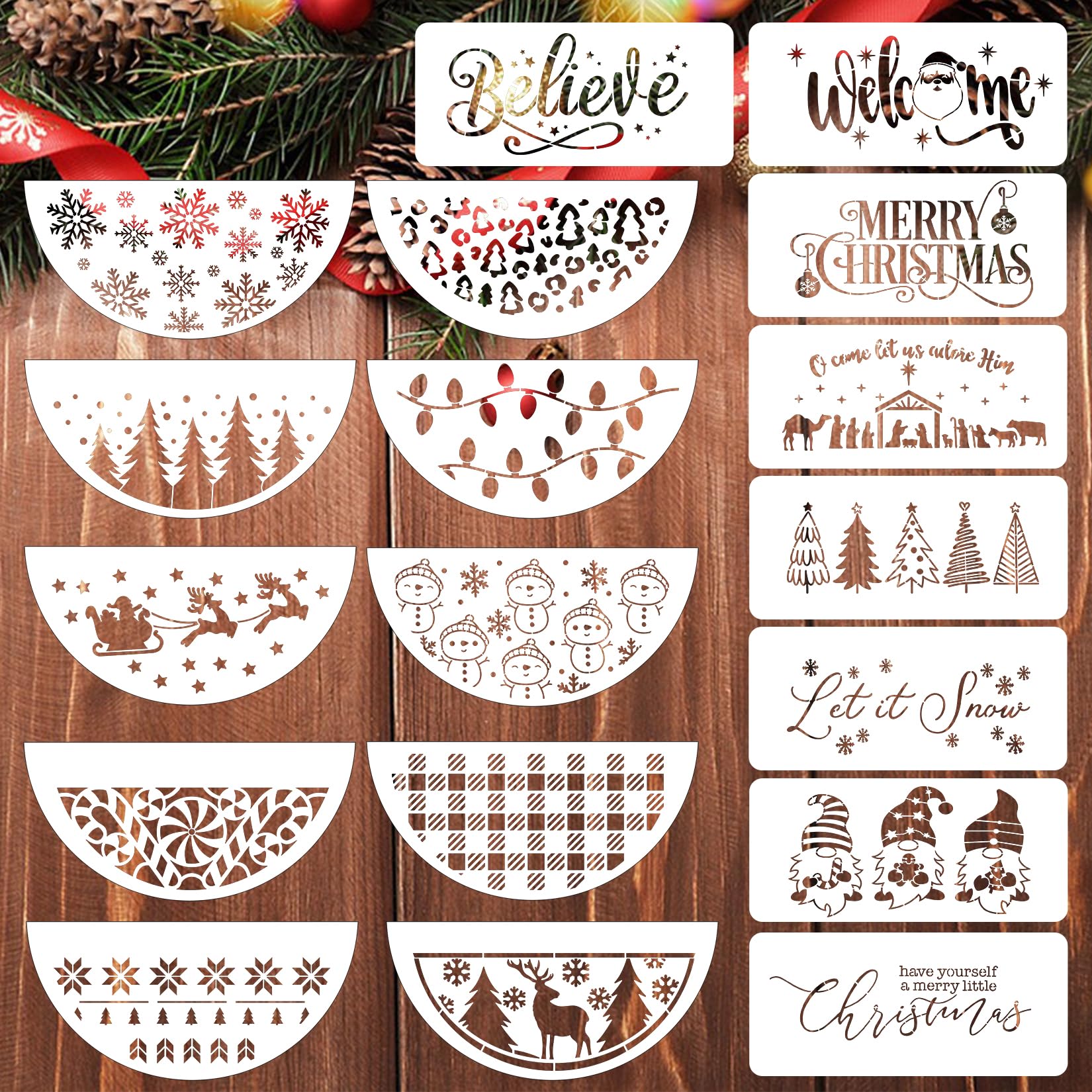 18pcs Christmas Large Stencils for Painting on Wood Crafts-15X30cm