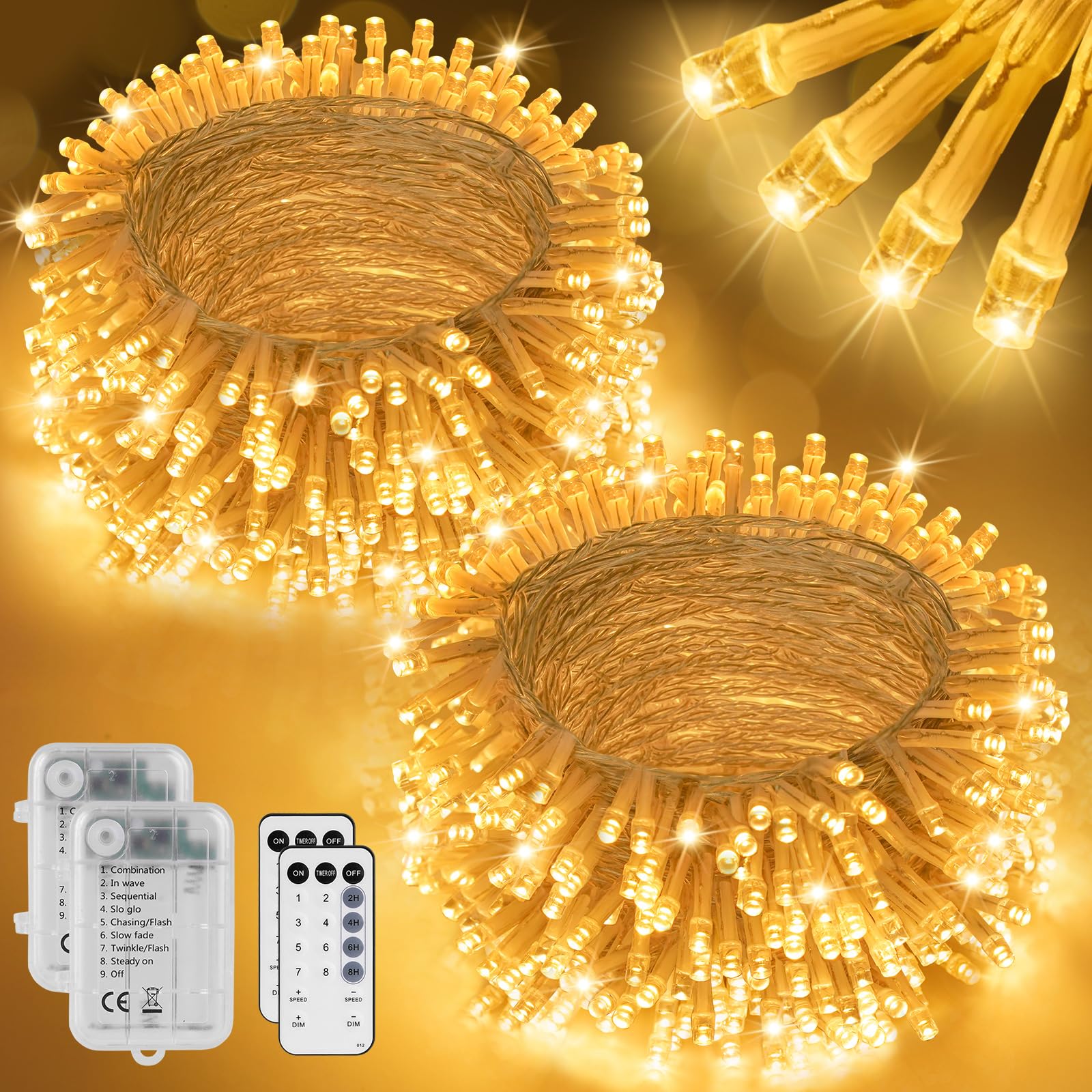 StarryEver Cadena de luces LED para exteriores con mando a distancia, temporizador, iluminación LED de Navidad con batería, 5 m, 100 luces LED, funciona con pilas, para habitaciones, dormitorios,