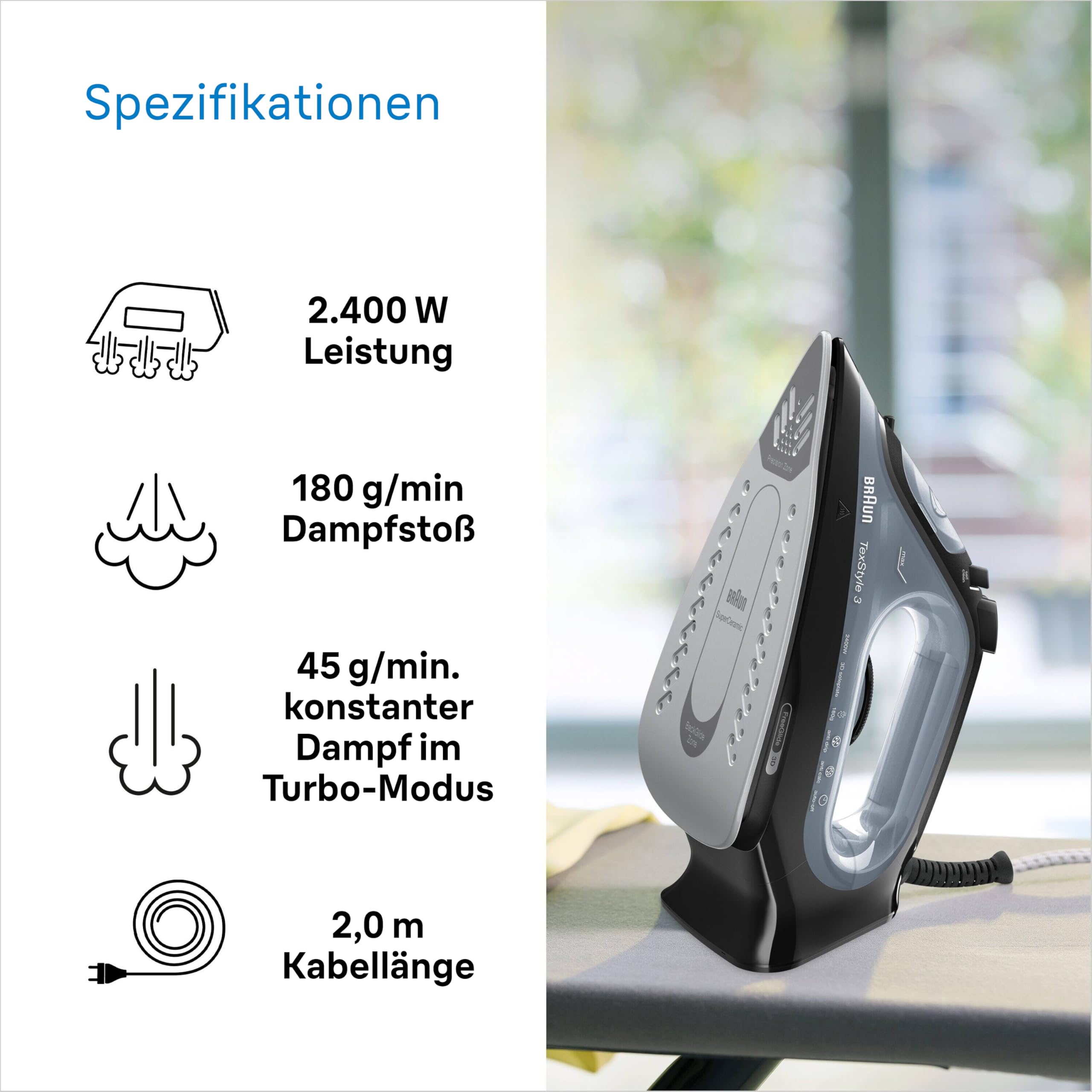 Braun Dampfbügeleisen TexStyle 3 SI3055BK, FreeGlide 3D-Technologie, Bügelsohle mit Keramikbeschichtung, automatische Abschaltung, kurze Aufheizzeit, einfache Nachfüllung (220 ml), 2400 W, Schwarz