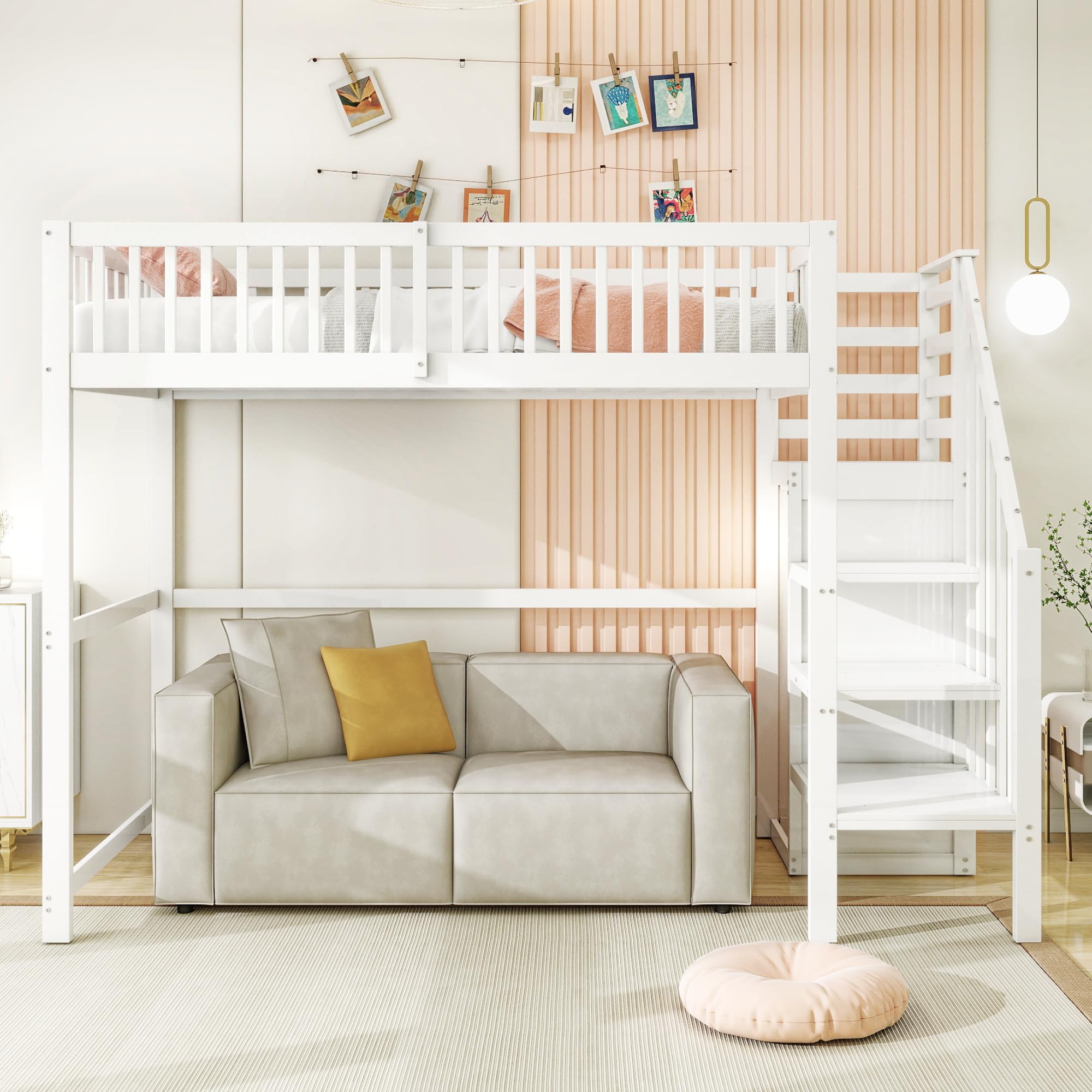 Idemon Cama alta 90 x 200 cm con escalera, cuna blanca de madera con estante de almacenamiento, armario sencillo