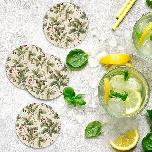 Miniatura 7 de Juego de 2 posavasos de Navidad de invierno para bebidas, posavasos de cerámica con bayas de acebo de Navidad, posavasos redondos con base de corcho
