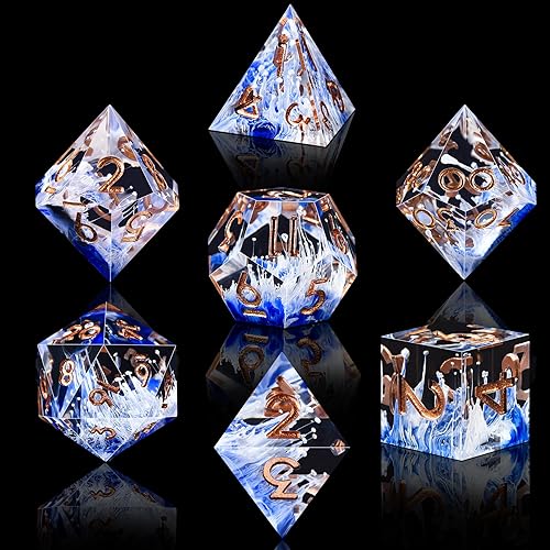 Vista 55 de AUSTOR Juego de dados DND de 7 troqueles hechos a mano, dados poliédricos de resina de borde afilado para juegos de mesa de Dungeons and Dragons RPG