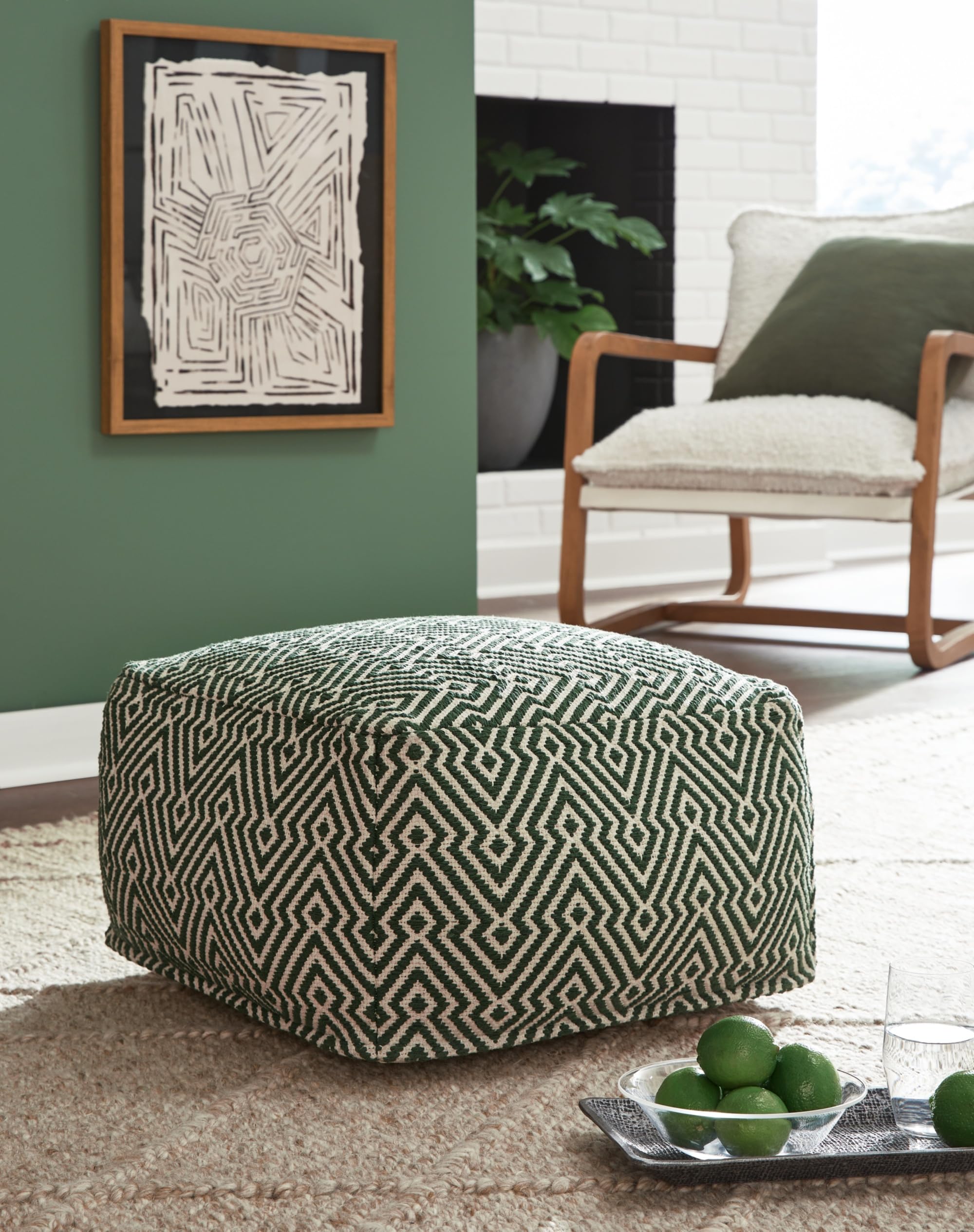 Signature Design by Ashley Abacy Casual Square Handwoven Pouf with Geometric Pattern, Green & Beige