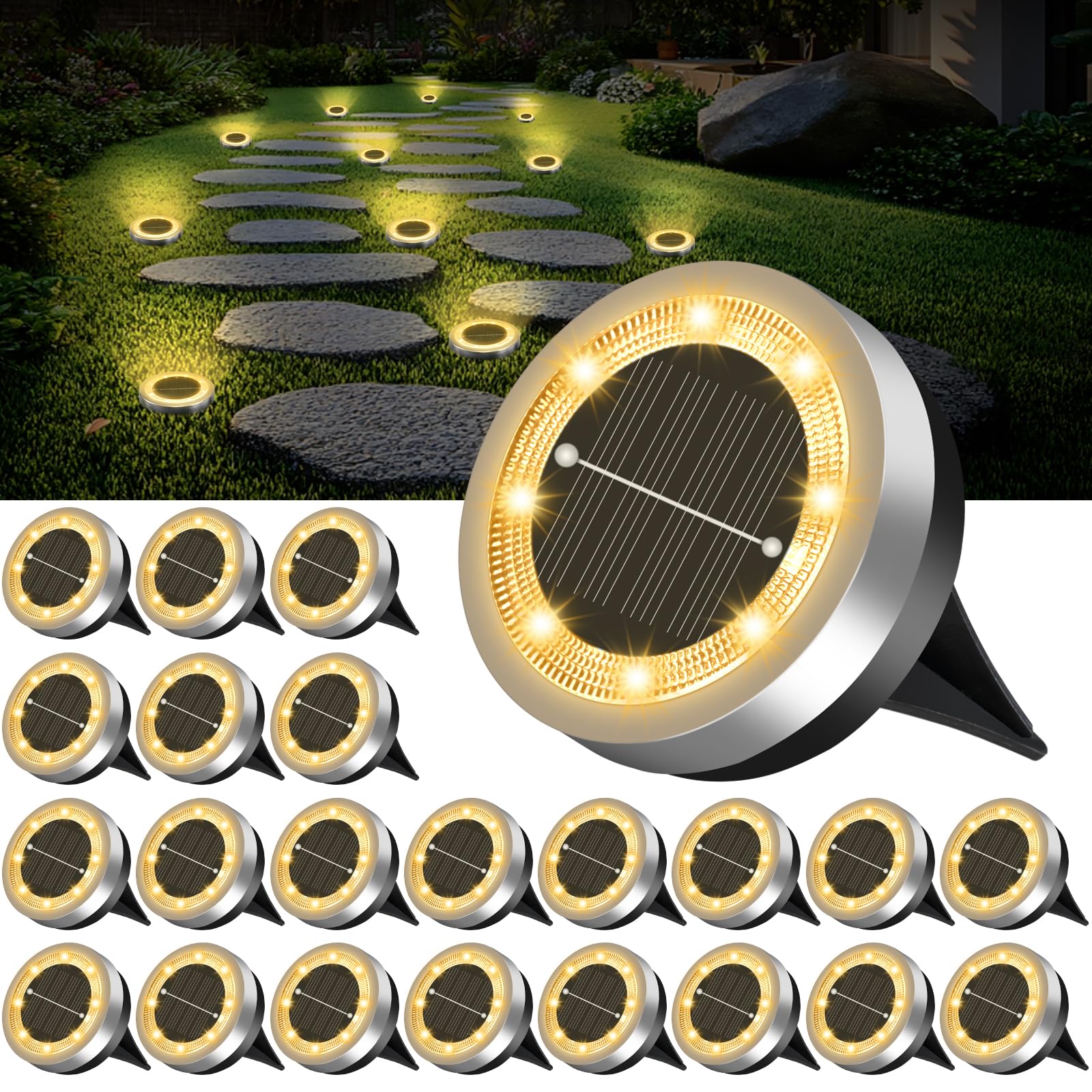 SenLuKit 24 Pack 2.1 inch Mini Solar Ground Lights Outdoor(Warm White) | IP65 Waterproof Solar Flat Garden Light, Solar Powered Disc Pathway Lights for Outside Walkway Yard Landscape Lawn Driveway