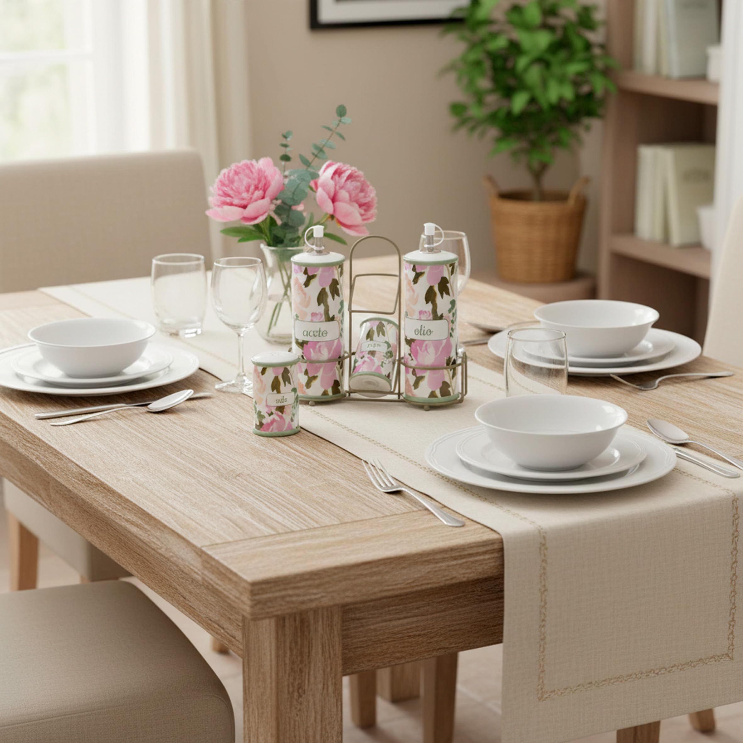 Baroni Home Menage Olio Aceto Sale Pepe in Ceramica con Stand in Metallo, Accessorio da Cucina Colorato Resistente, Linea Rose, 21X8X22cm