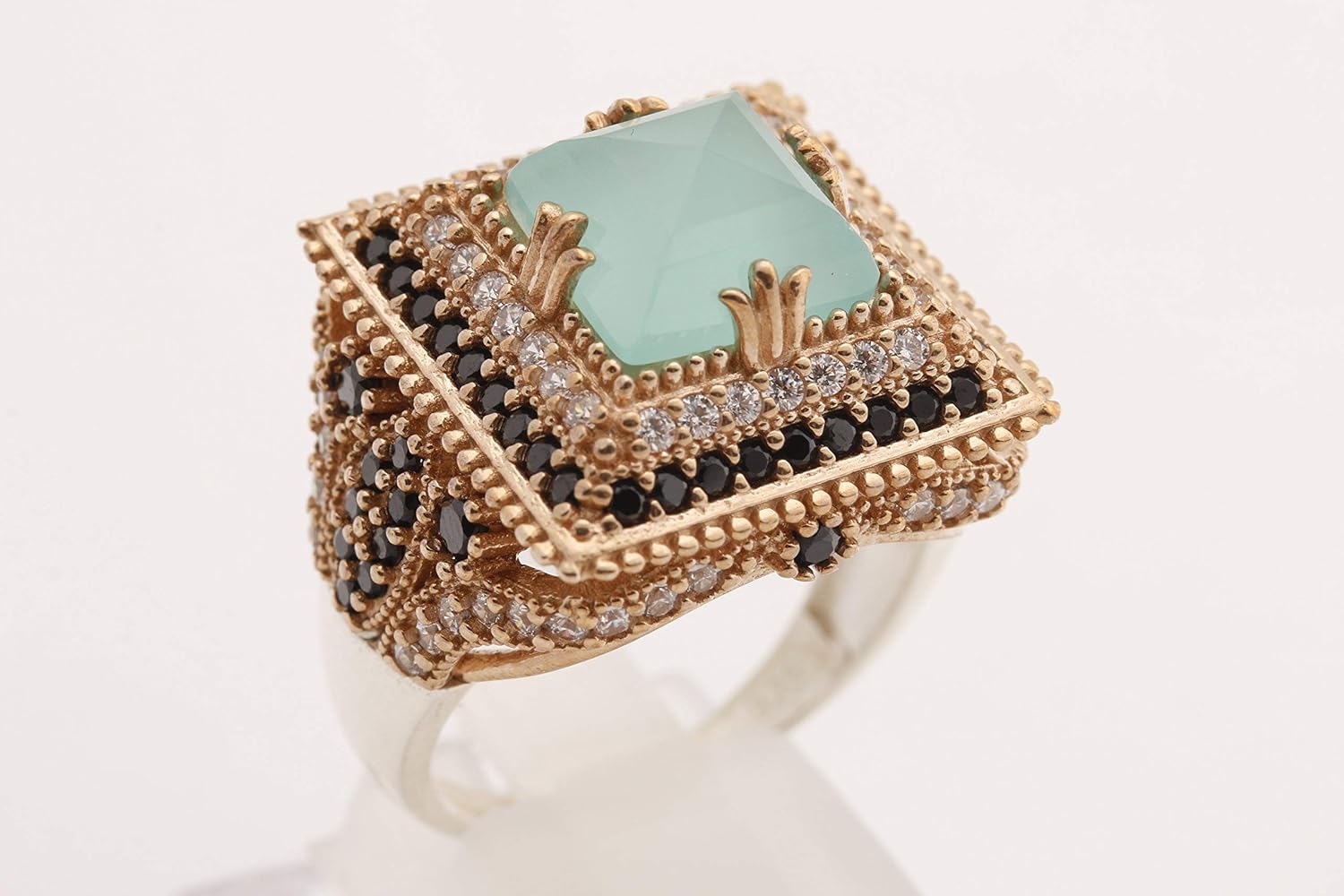 Turkish Handmade Jewelry Square Shape Aquamarine and Round Cut Black and White Topaz 925 Sterling Silver Ring Size Option