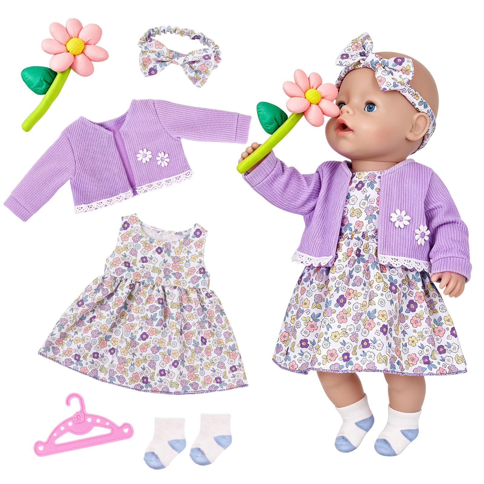 6 Pcs Baby Doll Clothes for 14-17 inch Baby Doll, Cute Purple Floral Outfits Dolls Clothes with Coat Dress Headband Socks Flower Hanger for 35-43cm Dolls, Baby Doll Accessories Children Birthday Gifts