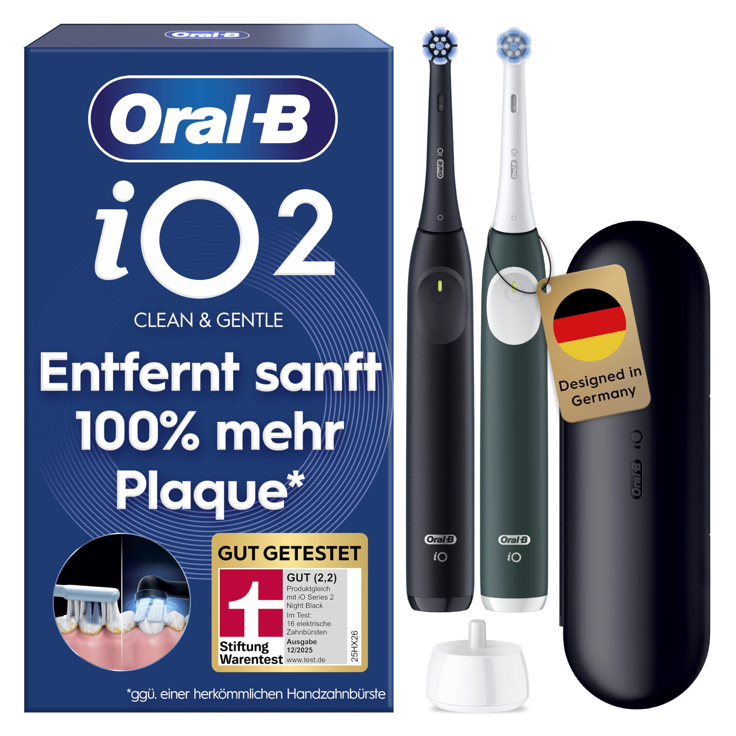 Oral-B iO Series 2 Elektrische Zahnbürste — Doppelpack — Electric Toothbrush, Inkl. 2 Aufsteckbürsten — 3 Putzmodi für Zahnpflege, GUT GETESTET (2,2) von STIFTUNG WARENTEST — Schwarz/Grün