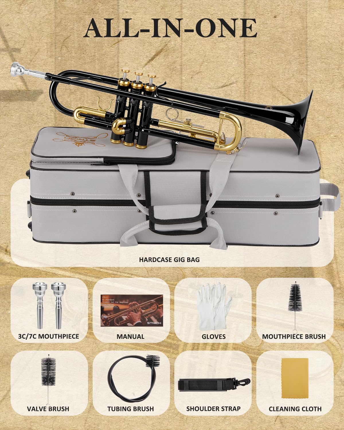 STRICH Bb Standard-Trompeten-Set für Anfänger, Blechblasinstrument für Schüler mit Hartschalenkoffer, Reinigungsset, Mundstücken 7C und 3C, Handschuhen, Schwarz-Gold