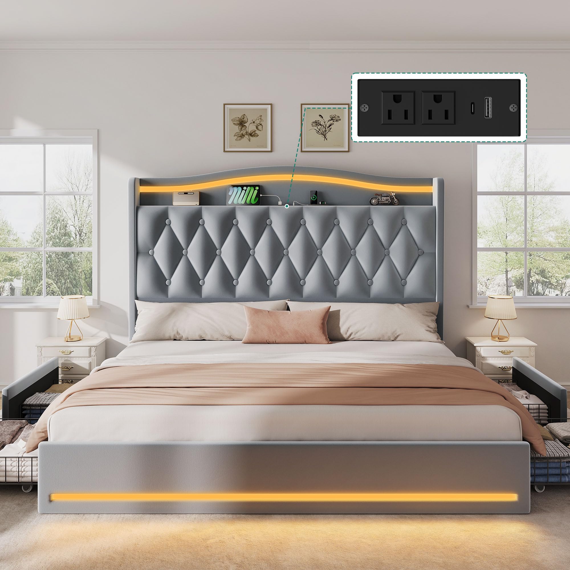 Storage Drawers Bed Frame DWVO King Size Bed Frame With RGB Lights ...
