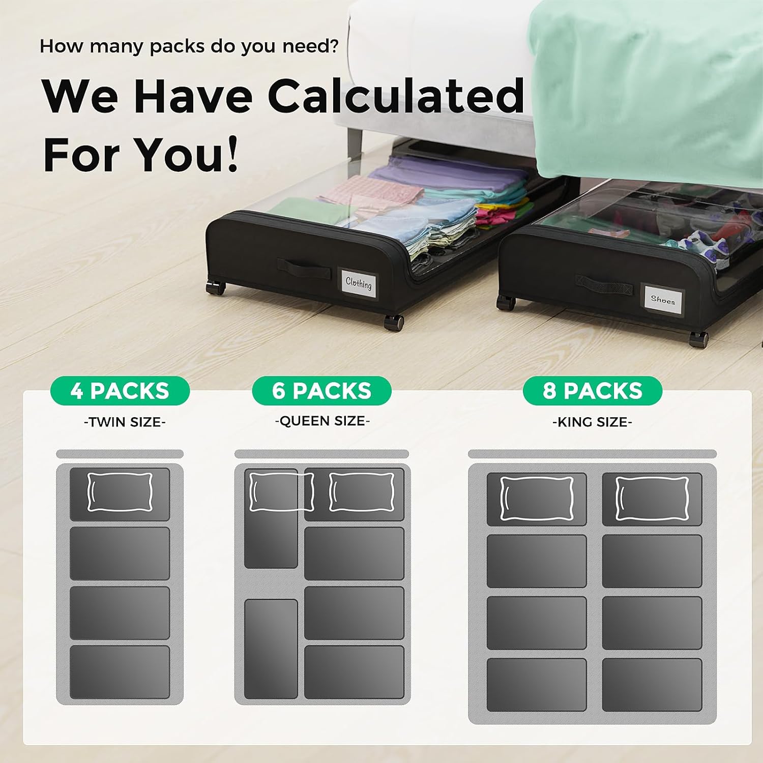 2 Pack Under Bed Storage with Wheels, Large Capacity Under Bed Storage Containers with Clear Lid,Handle,Label, Rolling Under Bed Shoe Storage Organizer for Clothes Toy Shoe Blanket (Black)