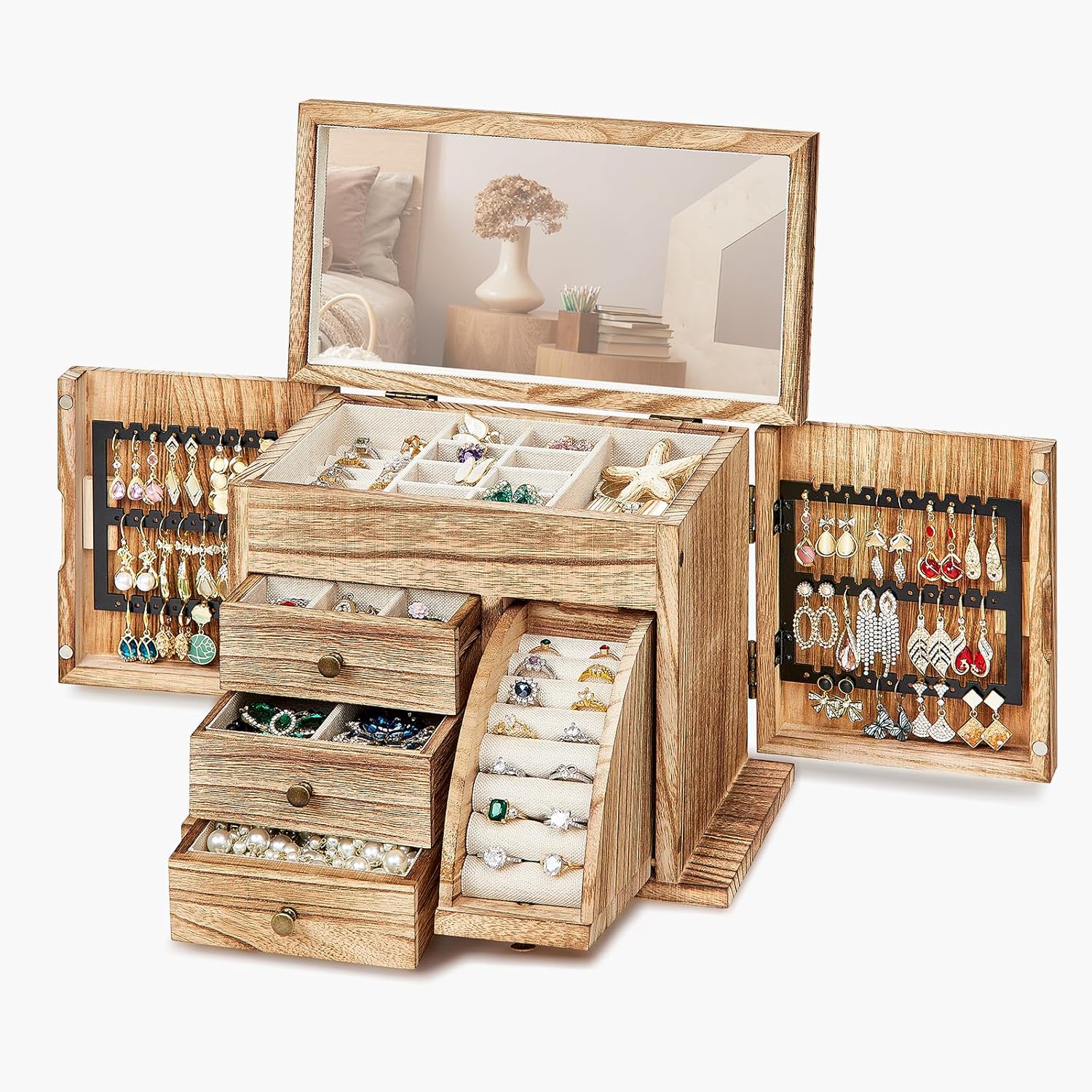 Jewelry Box Organizer, Solid Wood Jewelry Boxes fow Women with Mirror, Double Layer Jewelry Organizer Box Display Earring Necklace Bracelet Ring, Rustic Style Small Jewelry Box for Girls