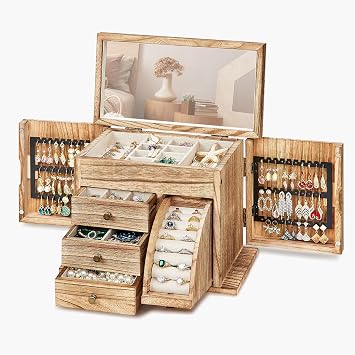 Poyilooo Jewelry Box Organizer, Solid Wood Jewelry Boxes fow Women with Mirror, Double Layer Jewelry Organizer Box Display Earring Necklace Bracelet Ring, Rustic Style Small Jewelry Box for Girls