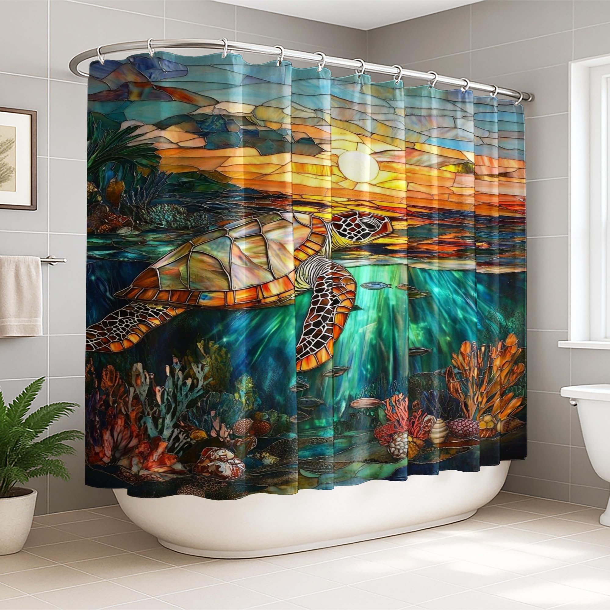 Rideau de douche polyester bleu été motif tortue corail coucher de soleil 274x183cm