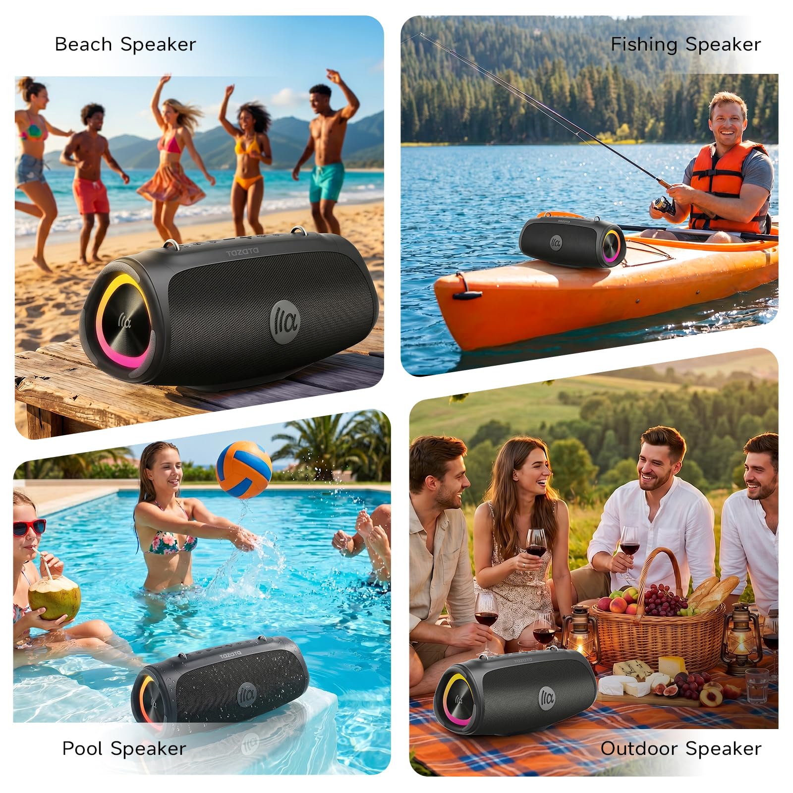 TAZATA Altoparlante Bluetooth portatile per esterni, subwoofer da 90 W, 100 + accoppiamento altoparlanti, BassUp 2.0, impermeabile IPX7, galleggiante, Bluetooth 5.3, luci RGB, 6 equalizzatori