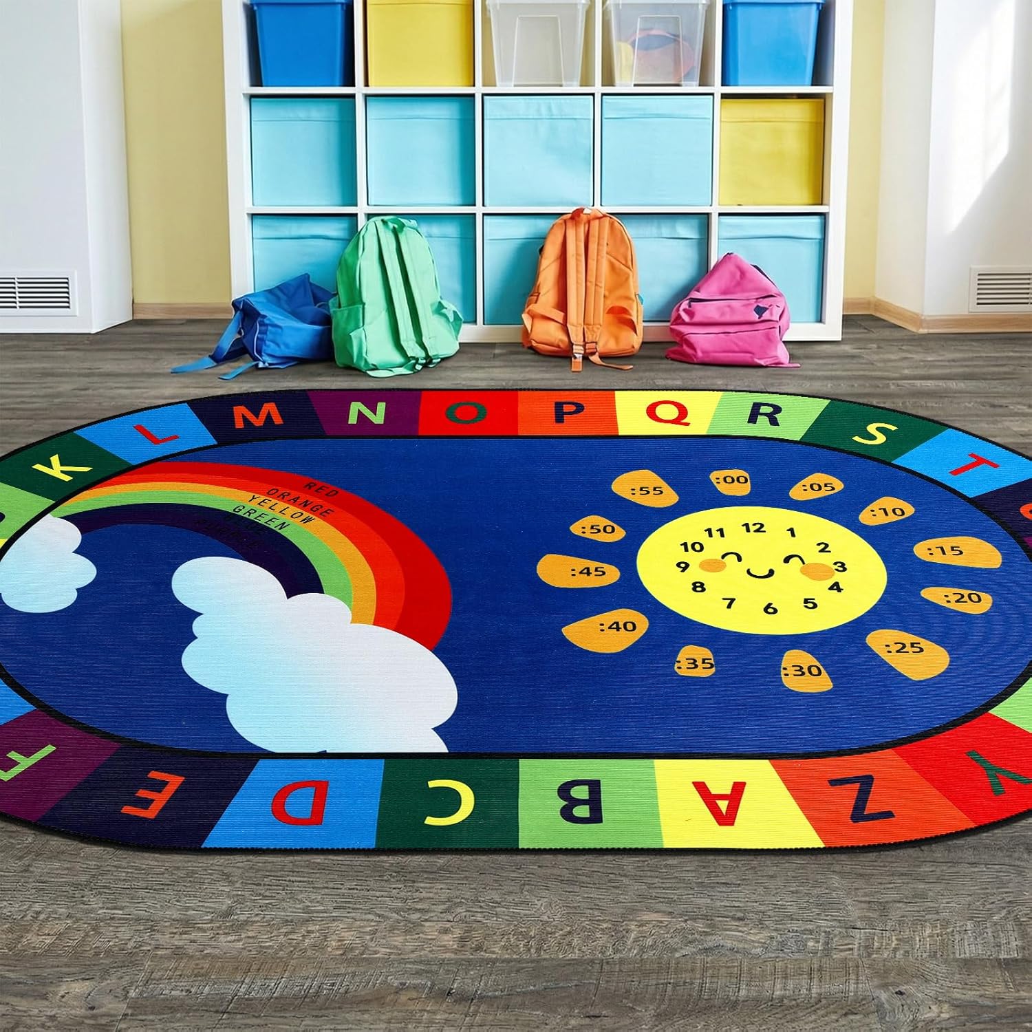 Dunzy 3 x 4ft Playroom Educational Rug Library Educational and Fun Play Mat with ABC Alphabet for Learning Alphabet, Numbers, Colors and Clocks Reading Corner Play Mat for Classroom Game Activity