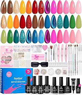 Beetles Gel Polish 75 PCS Deal Box 20 Colors Winter Nail Kit – Brown Blue Red Purple Glitter Cat Eye Gel, Glossy&Matte Top Coat DIY UV/LED Gel Nail Set Home Salon Valentines Gifts for Women Girls