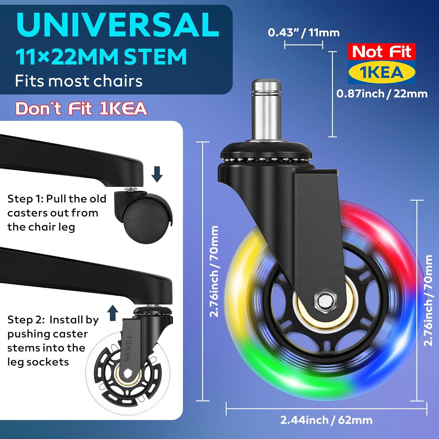 WEWILL RGB Chair Caster Wheels, Self-Lit No Batteries, 3" PU Rubber (5-Pack), Heavy Duty 325kg/715lb, Universal 11x22mm Stem, Quiet for Carpet/Hardwood (Not IKEA)