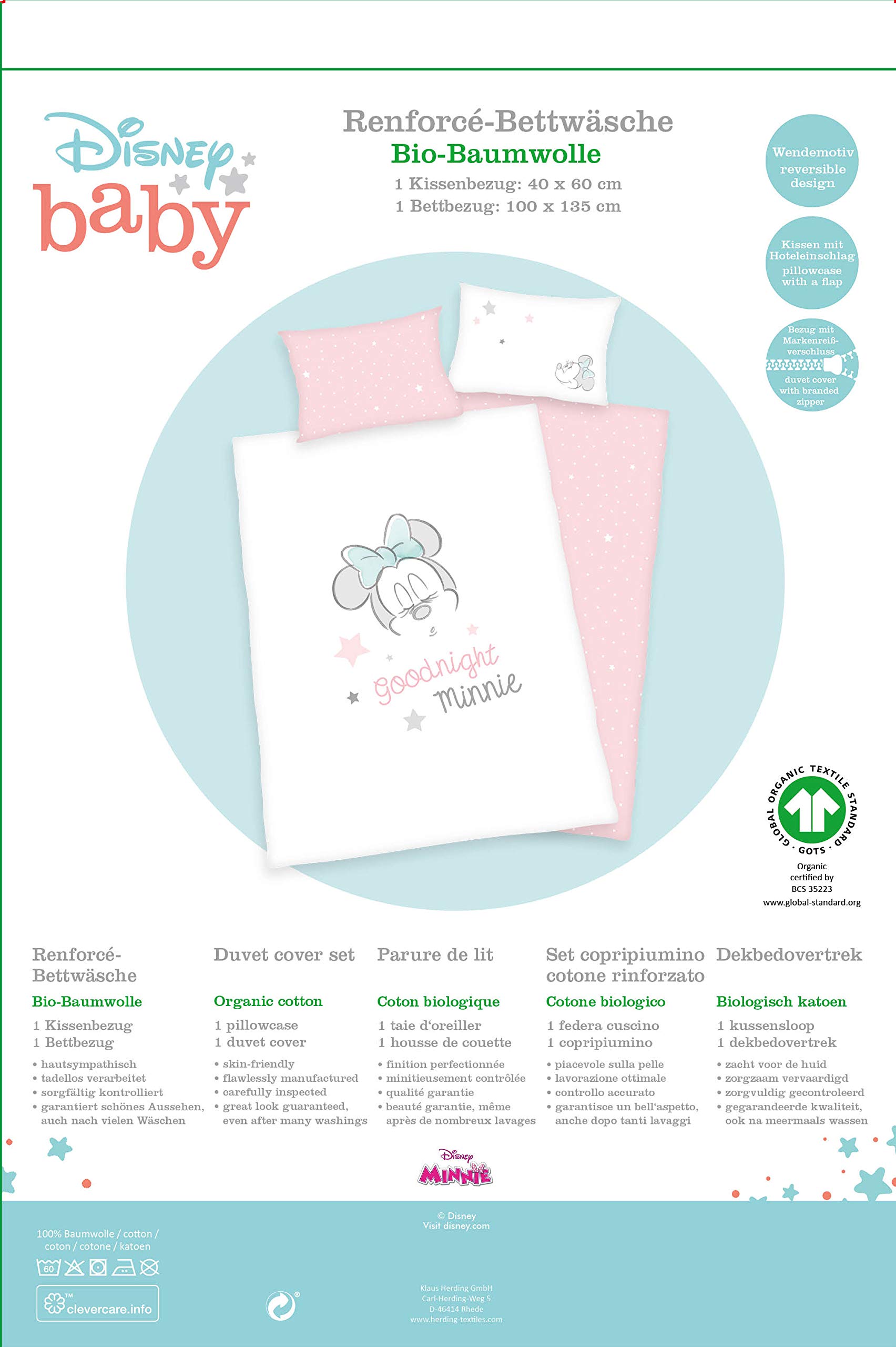 Herding Minnie Mouse zestaw pościeli organicznej, certyfikat GOTS, dwustronny motyw, poszewka na poduszkę 40 x 60 cm z zakładką hotelową, poszewka na kołdrę 100 x 135 cm, z lekkim zamkiem błyskawicznym, bawełna/bawełna renforcé