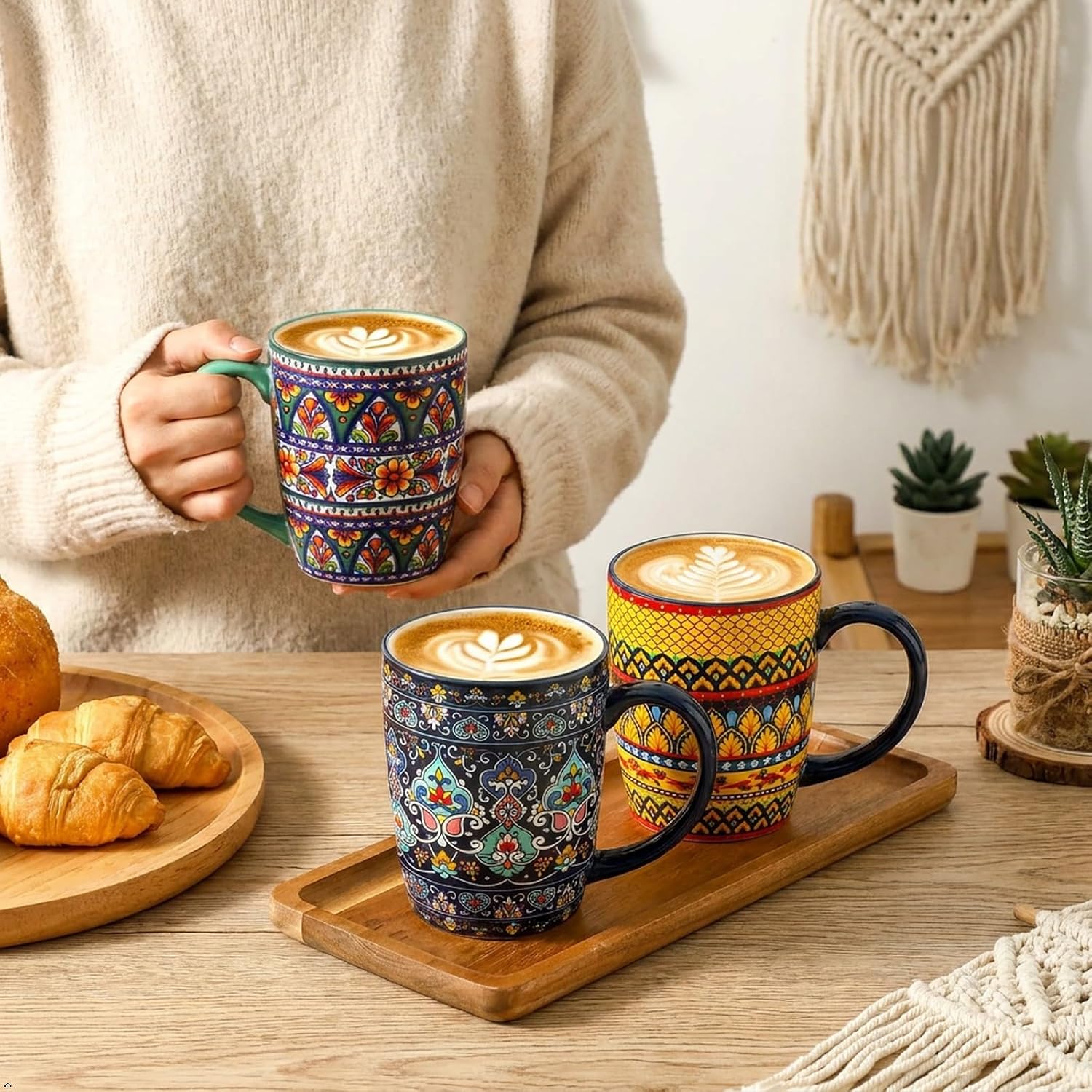 glowworm Ceramic Coffee Mugs Set of 6, 16 oz Mug with Handle, Bohemian image 3