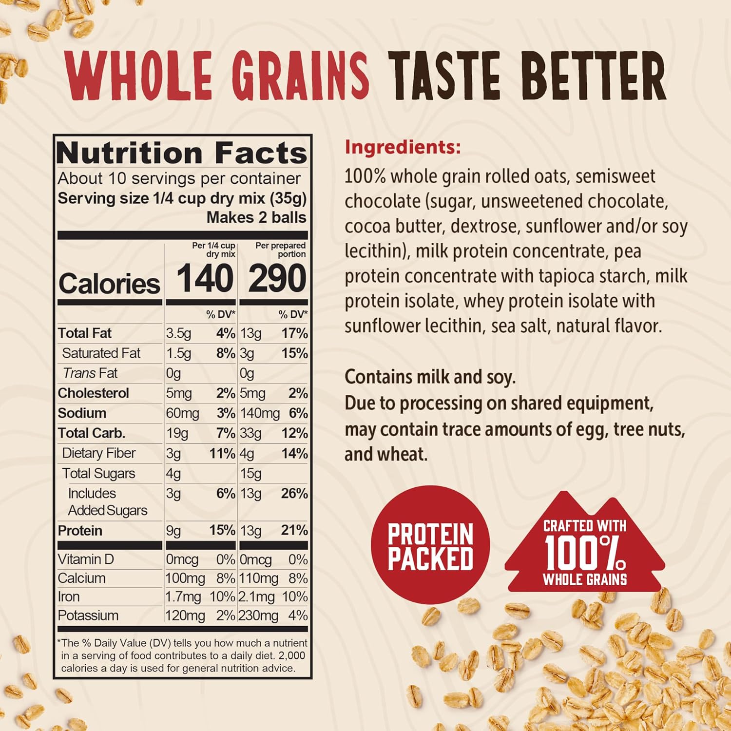 Kodiak Cakes Oatmeal Protein Ball Mix, Chocolate Chip, High Protein, 100% Whole Grains, (Pack of 6)