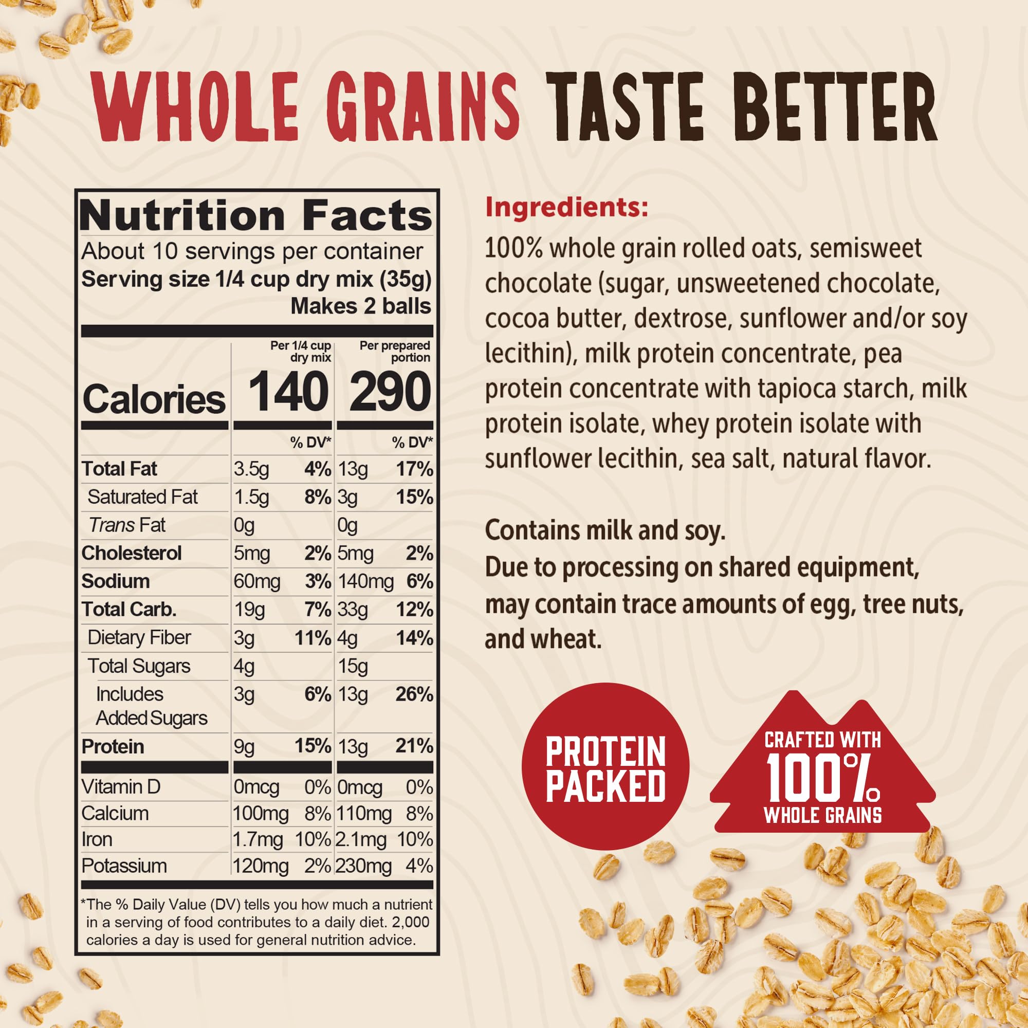 Oatmeal Protein Ball Mix, Chocolate Chip, High Protein, 100% Whole Grains, (Pack of 6)