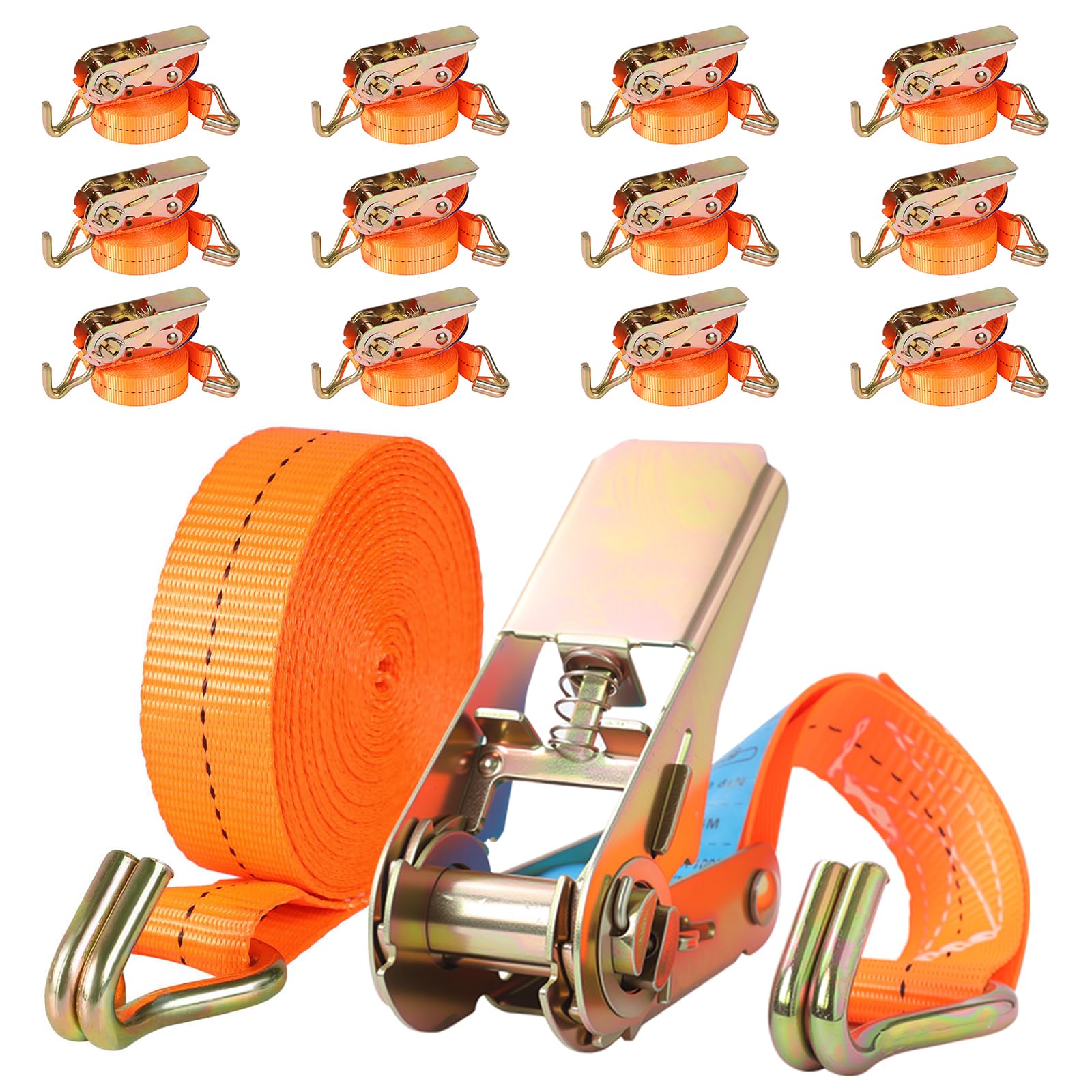 12 Stück Spanngurte mit Haken Ratsche - 5m 800kg 0.8T Zweiteilig 25 mm Ratschengurt,Spanngurt,Zurrgurte für Ladungssicherung TÜV/GS Zertifiziert (Orange)