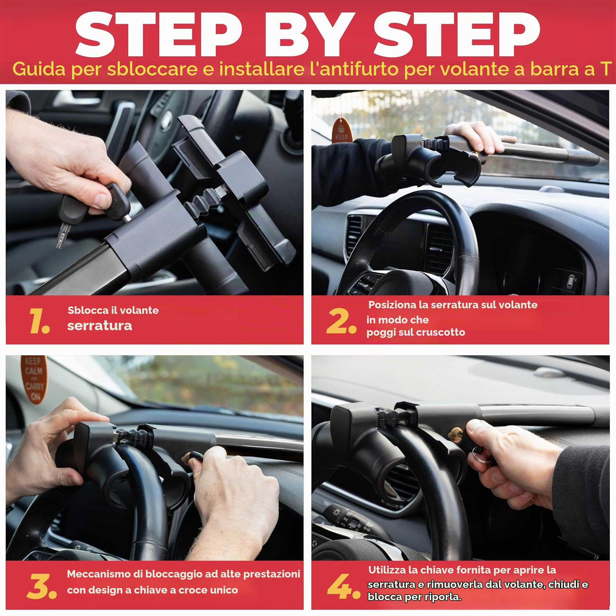 GADLANE Bloccasterzo T-Bar Nero - Serratura per Auto
