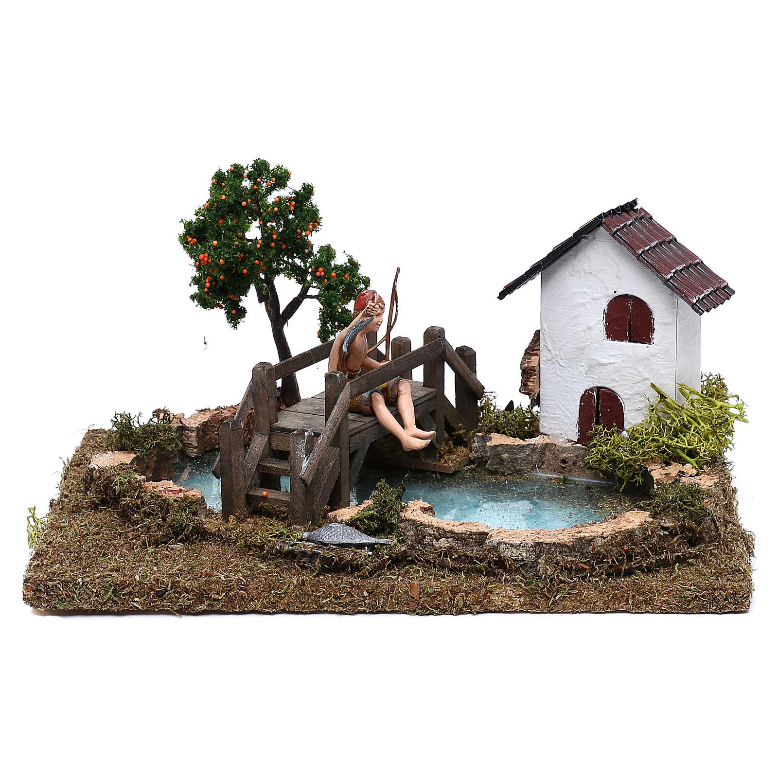 Holyart Brücken, Bachläufe und Wasserfälle für Krippen: Teich mit einem Fischer auf Einer Brücke sitzend, für 10 cm Krippe