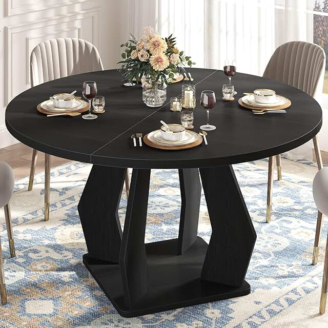 IBF Black Round Dining Table for 4-6, 47 Inch Kitchen Table with Spaciou...