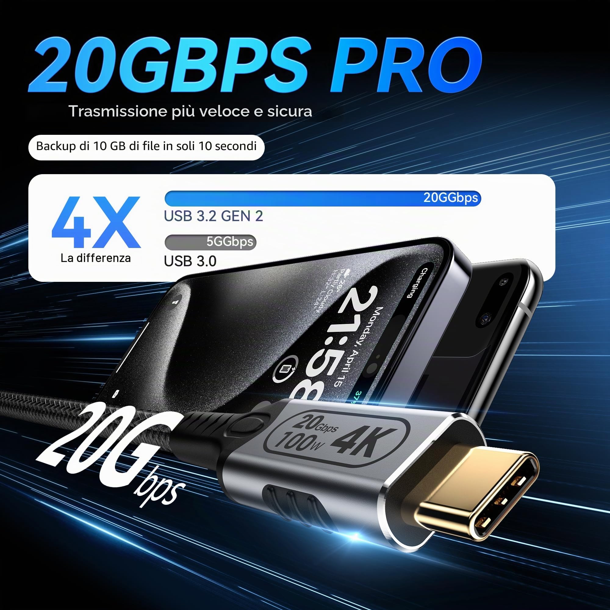 cavo USB Type-C lungo 5 metri, 100W Cavo USB Type-C PD 5A Ricarica rapida QC 3.1 Nylon intrecciato, 20Gbps per laptop, telefono cellulare, dispositivi, monitor