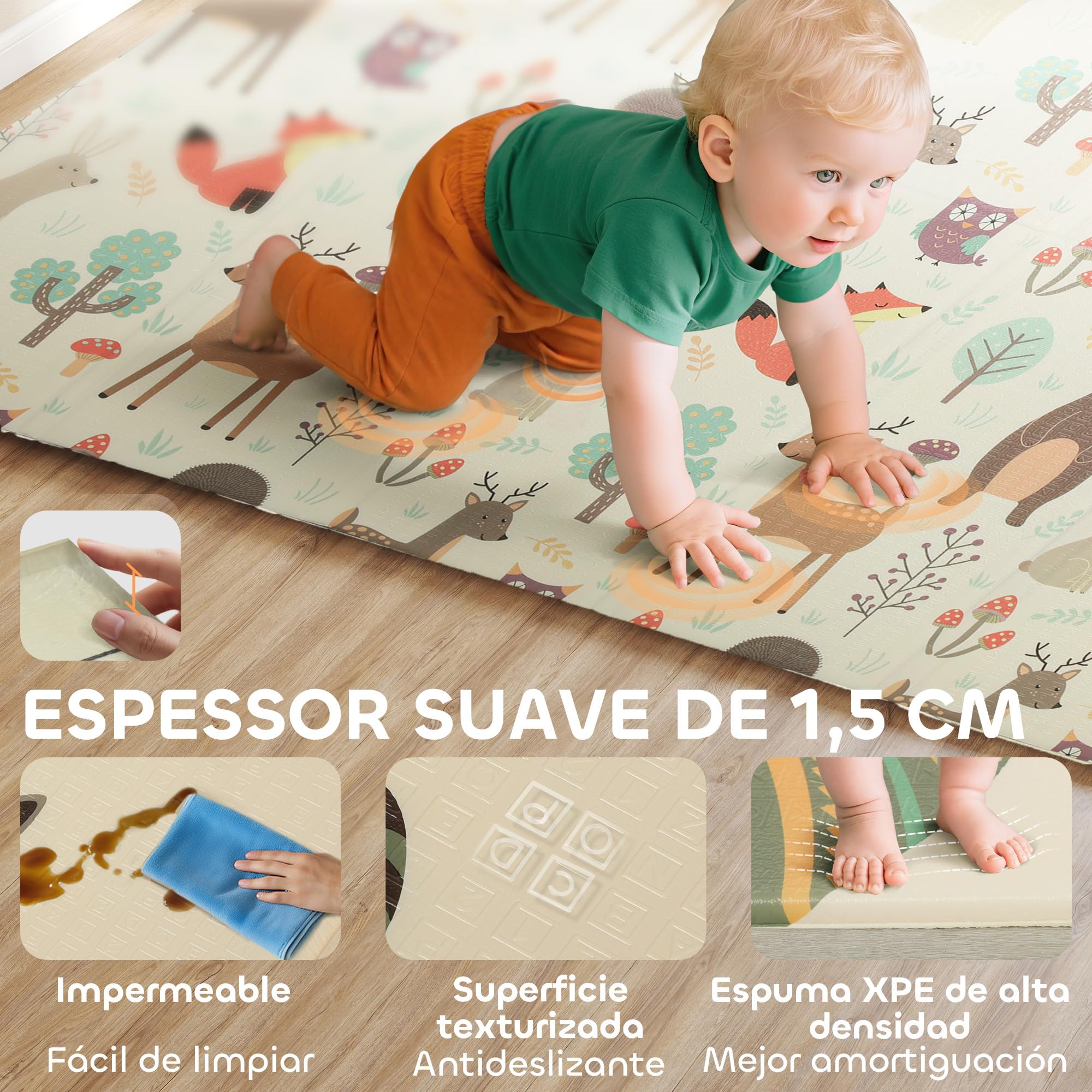 AIYAPLAY Alfombra Bebé Acolchada Plegable Reversible 196x176x1,5 cm Diseño de Bosque y Animales Tapete de Actividades Bebé XPE Doble Cara Impermeable Multicolor