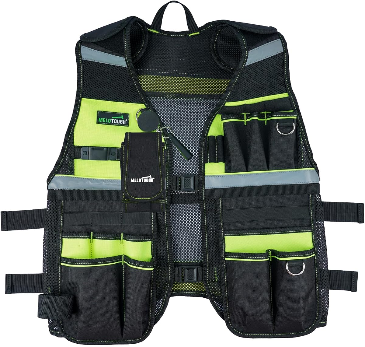 Tool Vest Reflective Safety Tool Vest with Removable Phone Holder,Retractable Pen Holder for Electrician,Carpenters,Construction(Lime)