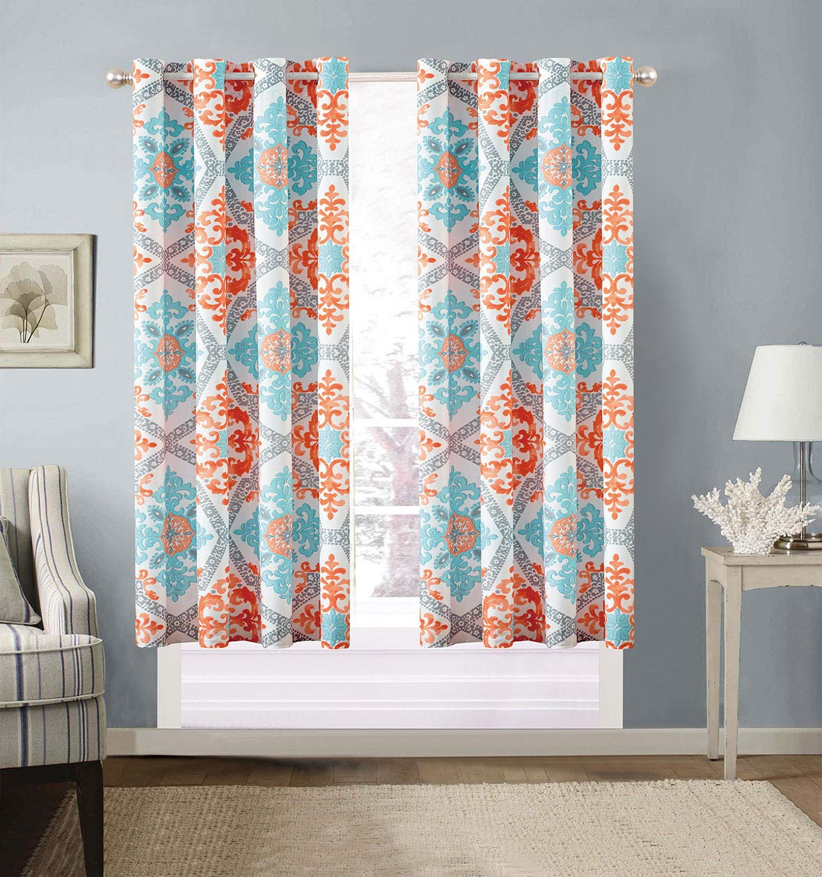 Grand Linen Modern 2-Piece Printed Grommet Curtain Set Drapes/Window Panels 108 inch Wide X 63 inch Long (Turquoise, Blue, White, Grey, Orange)