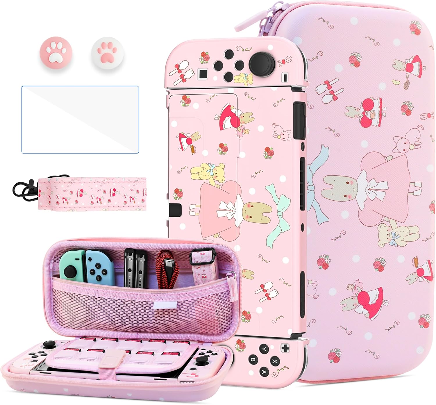 HYPERCASE Pink for Nintendo Switch OLED Case Accessories Kit, Cute Switch OLED Carry Travel Bag with Shoulder Strap, Hard Cover Skin with Screen Protector & 2 Thumb Caps -Cartoon Bunny