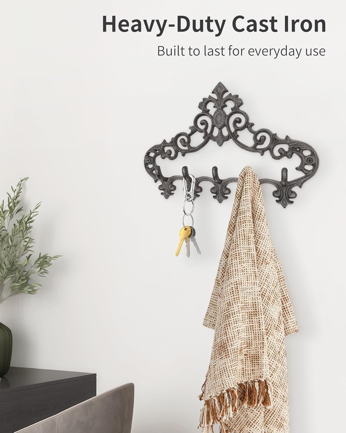 Vintage Cast Iron Wall Coat Rack with 5 Hooks, Rustic Heavy Duty Wall Mount Hook Rack for Hanging, Decorative Key Holder Towel Hanger Farmhouse Decor for Entryway Mudroom Bathroom