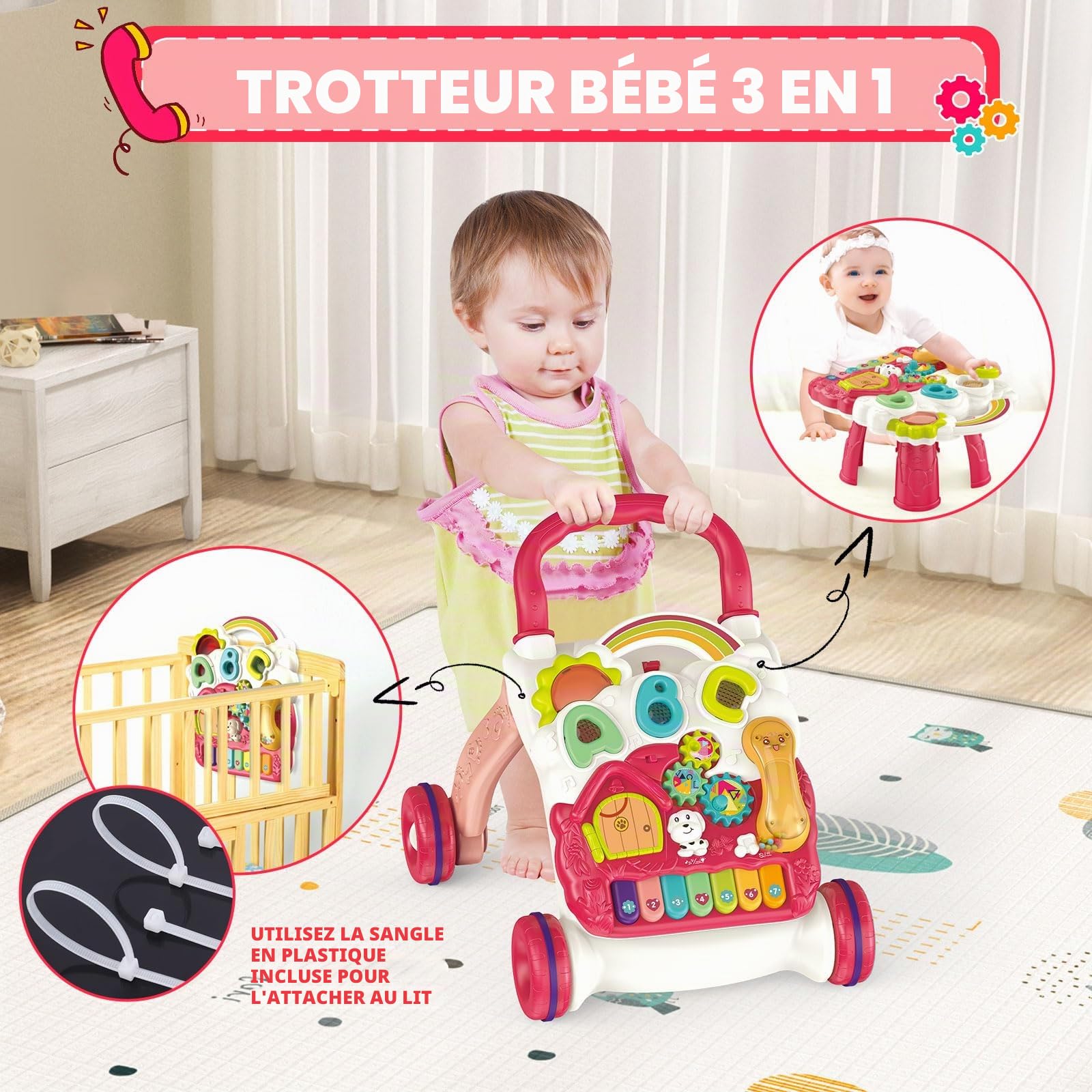 Trotteur multifonction avec musique à vitesse réglable et plateau de jeu amovible, aide à la marche pour bébé à partir de 6 mois