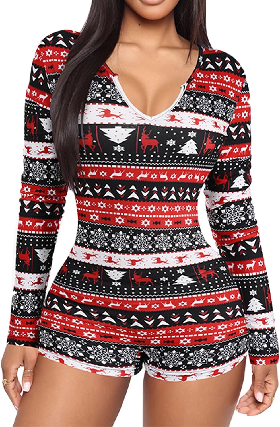 NUFIWI Womens Christmas Romper Bodycon One Piece Pajamas Long Sleeve Graphic Jumpsuit Shorts Xmas Sexy Bodysuit Pjs