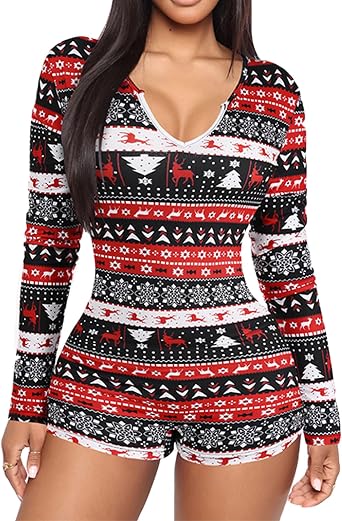 NUFIWI Womens Christmas Romper Bodycon One Piece Pajamas Long Sleeve Graphic Jumpsuit Shorts Xmas Sexy Bodysuit Pjs