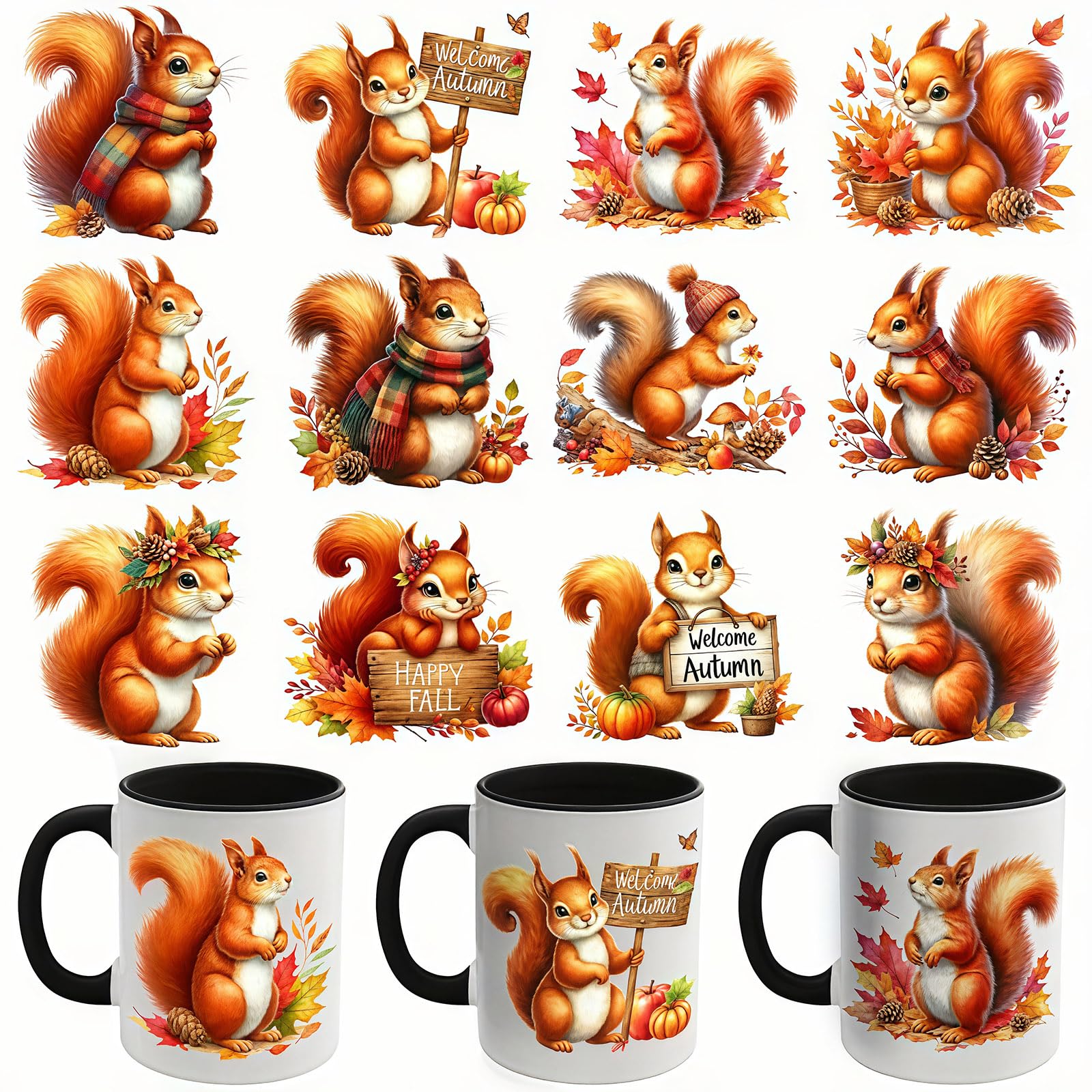 12pcs Squirrel UV DTF Cup Wraps Transfer Waterproof Sticker for Glass Cups Furniture Craft DIY Crafts，Rub on Transfer Stickers for DIY Water Bottle Laptop Decal Wood Car