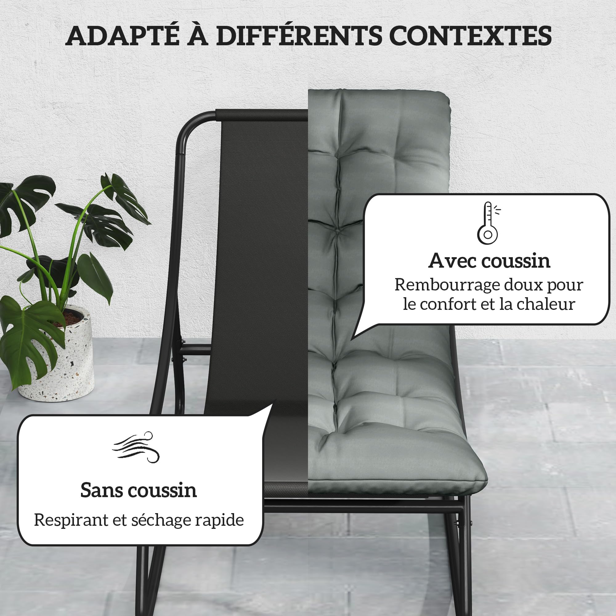 Outsunny Lot de 2 fauteuils à Bascule extérieur, chaises à Bascule avec Coussins épais, siège Tissu textilène Respirant et Cadre en Acier, Rocking Chair extérieur, Jardin, terrasse, Patio, Gris foncé
