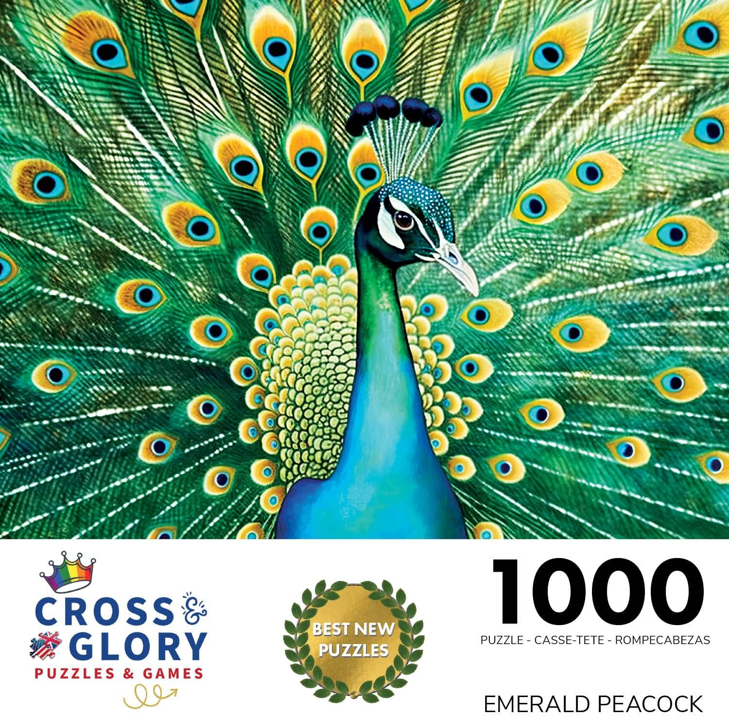 Cross & Glory - Emerald Peacock - 1000 Piece Jigsaw Puzzle for Adults | Colorful Animal Artwork | 20 x 27 Inches | Satin Finish