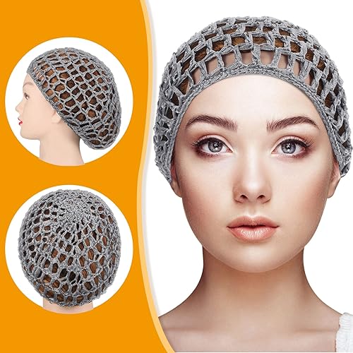Miniatura 2 de Geyoga 2 piezas de malla de ganchillo para el pelo de rayón tejido de red de punto de redecilla de ganchillo gorra de dormir para mujer, Gris
