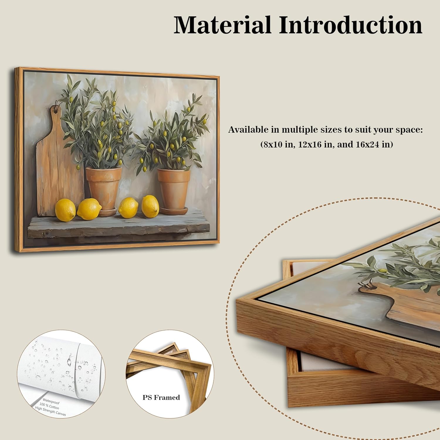 Floating Framed Vintage Kitchen Wall Art, Yellow Lemon Still Life Wall Decor Oil Paintings, Rustic Farmhouse Artwork Canvas Posters Prints Pictures for Living Room Bedroom Home Decor 16x24 Inch