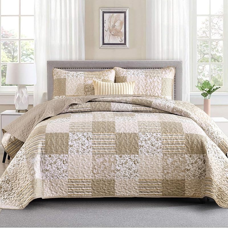 Mybedsoul Boho Quilts Queen Size, Beige Patchwork Floral Bedding Set