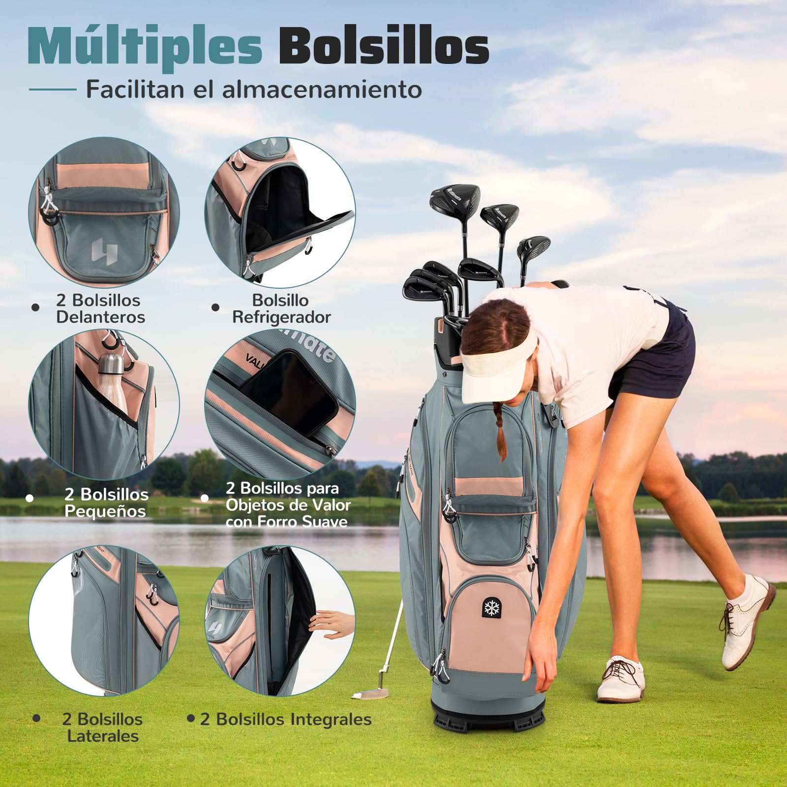 GYAMX Bolsa para Carro de Golf Portátil, Bolsa para Palospara con 14 Compartimentos de Longitud Completa, 11 Bolsillos, Bolsa Nevera, Correa Ajustable, Porta Paraguas, Unisex