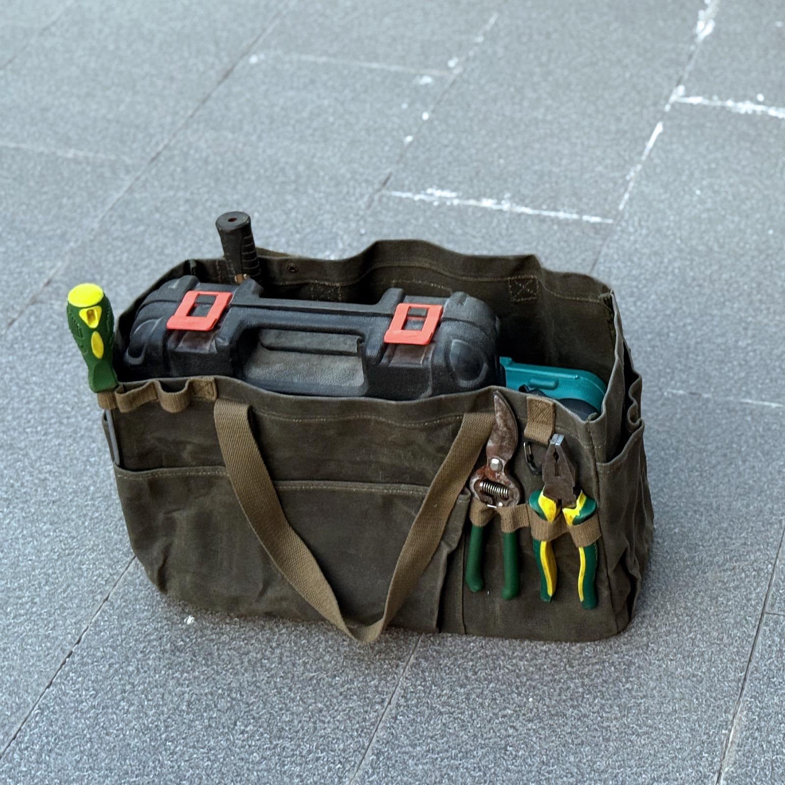 Faltbare werkzeugtasche Leer, gartenwerkzeug tasche, Handwerkzeugtasche groß, einkaufstasche klein, Waxed canvas 46x18x28cm - Ideal für Gärtner Elektriker Schreiner Handwerker(olivgrün)